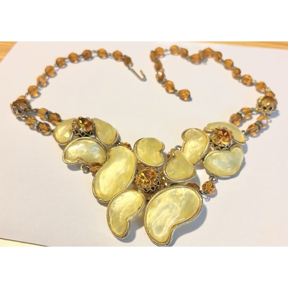 1Floral Bib Ststement Necklace: Vintage‎ Rhinestone, Yellow Plastic Paisley